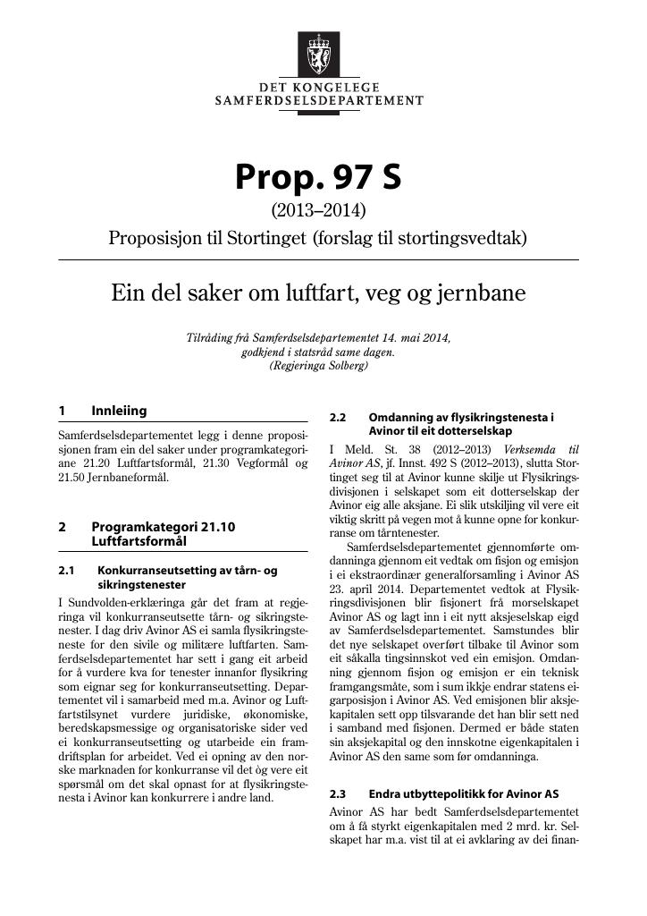 Forsiden av dokumentet Prop. 97 S (2013–2014)