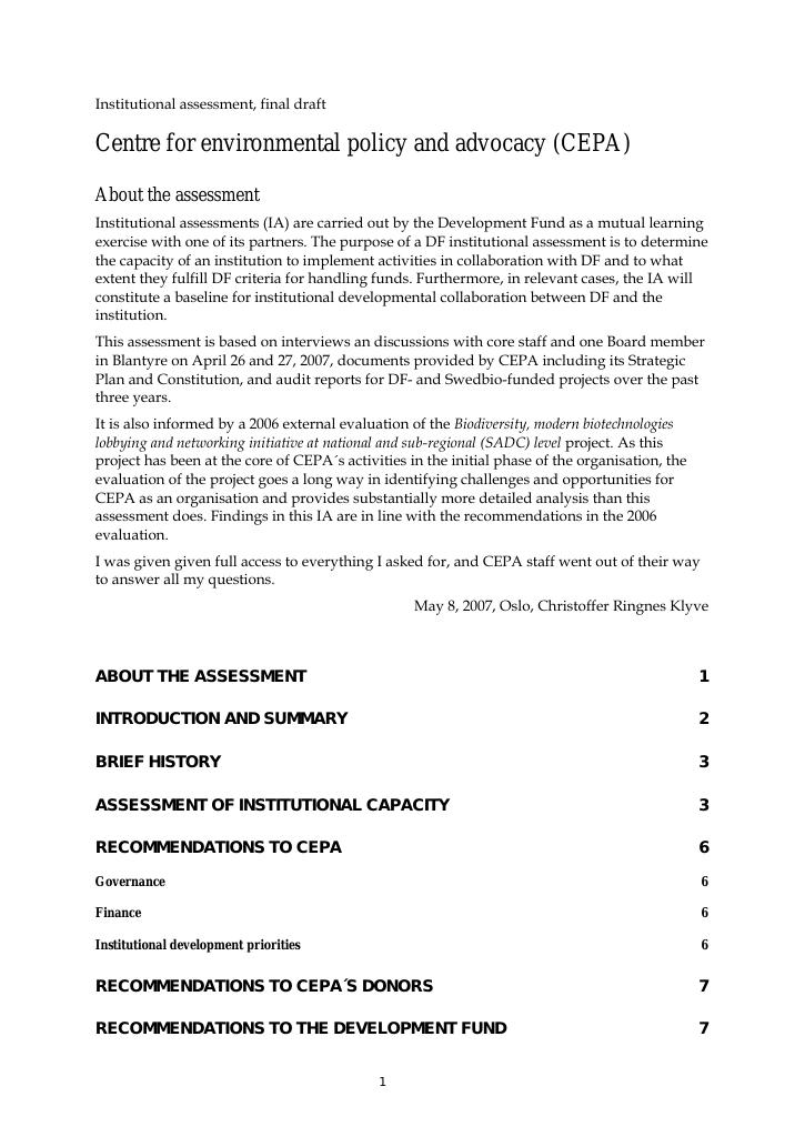 Forsiden av dokumentet Evaluation of Centre for Environmental Policy and Advocacy (CEPA)