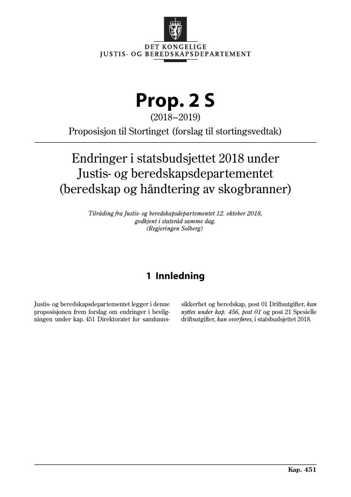 Forsiden av dokumentet Prop. 2 S (2018–2019)