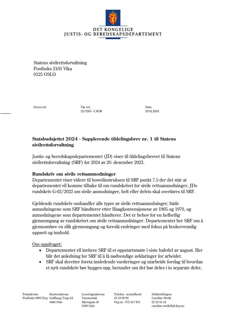 Forsiden av dokumentet Tildelingsbrev Statens sivilrettsforvaltning 2024 - tillegg nr. 1