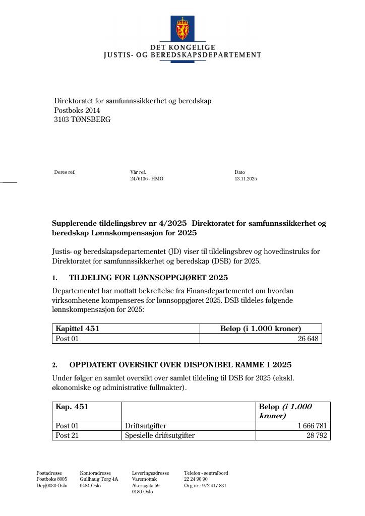 Forsiden av dokumentet Tildelingsbrev Direktoratet for samfunnssikkerhet og beredskap 2025 - tillegg nr. 4