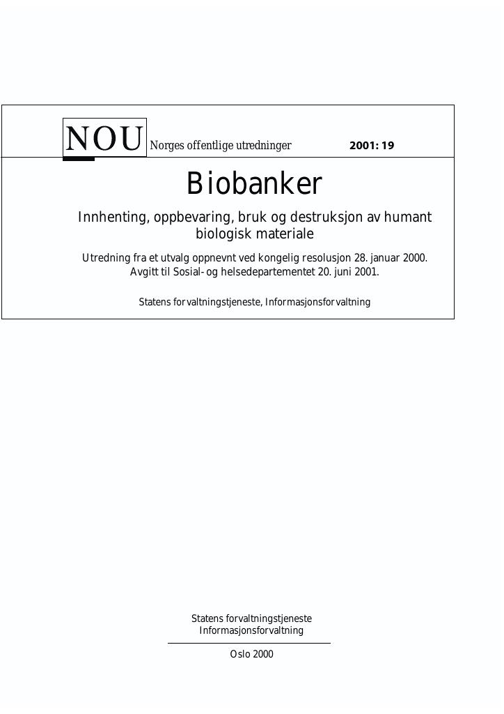 Forsiden av dokumentet NOU 2001: 19 - Biobanker