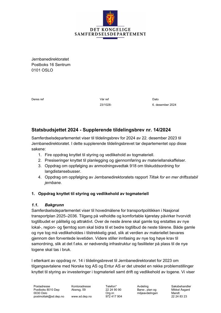 Forsiden av dokumentet Tildelingsbrev Jernbanedirektoratet 2024 - tillegg nr. 14