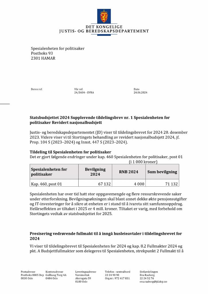 Forsiden av dokumentet Tildelingsbrev Spesialenheten for politisaker 2024 - tillegg nr. 1