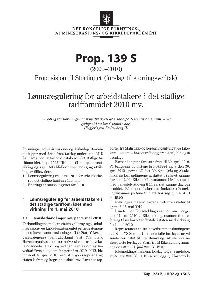 Forsiden av dokumentet Prop. 139 S (2009-2010)