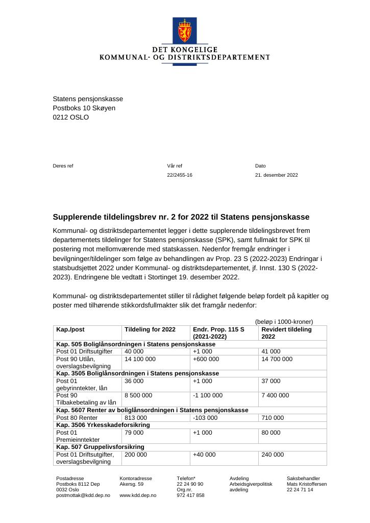 Forsiden av dokumentet Tildelingsbrev Statens Pensjonskasse 2022. - tillegg nr. 2