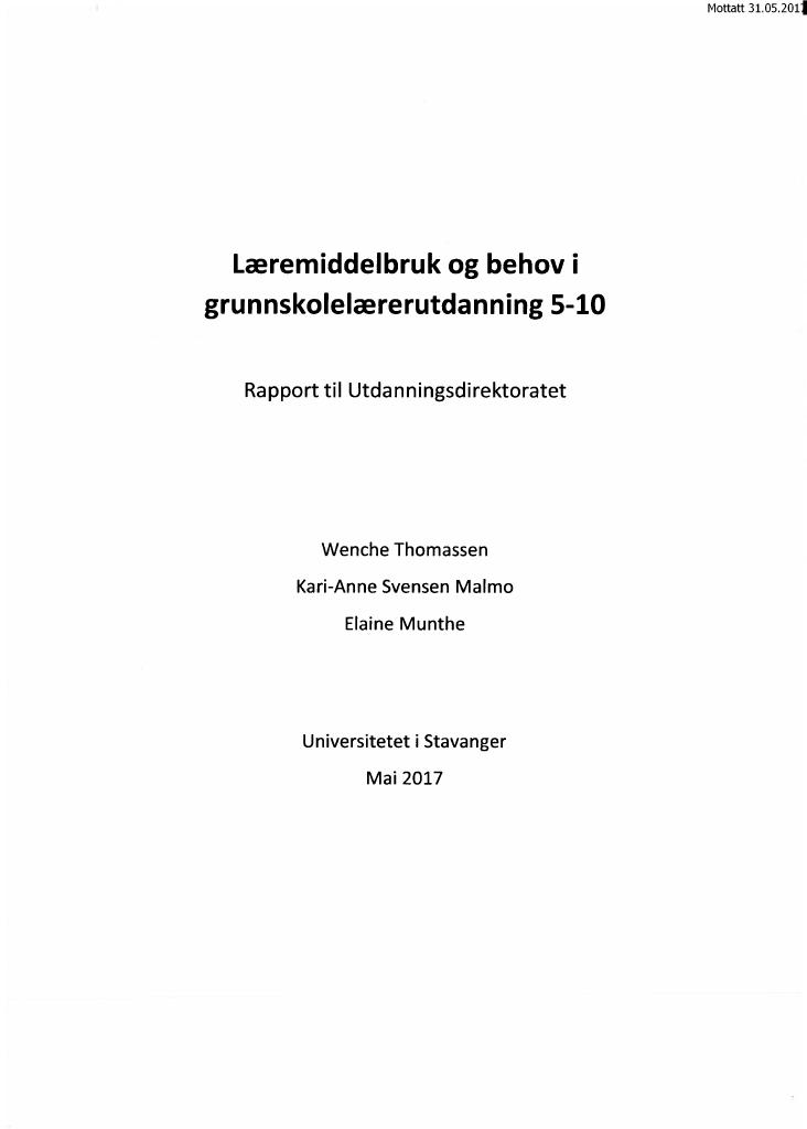 Forsiden av dokumentet Læremiddelbruk og behov i
grunnskolelærerutdanning 5-10