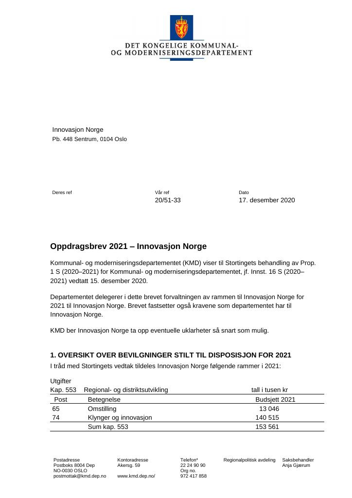 Forsiden av dokumentet Oppdragsbrev Innovasjon Norge 2021
