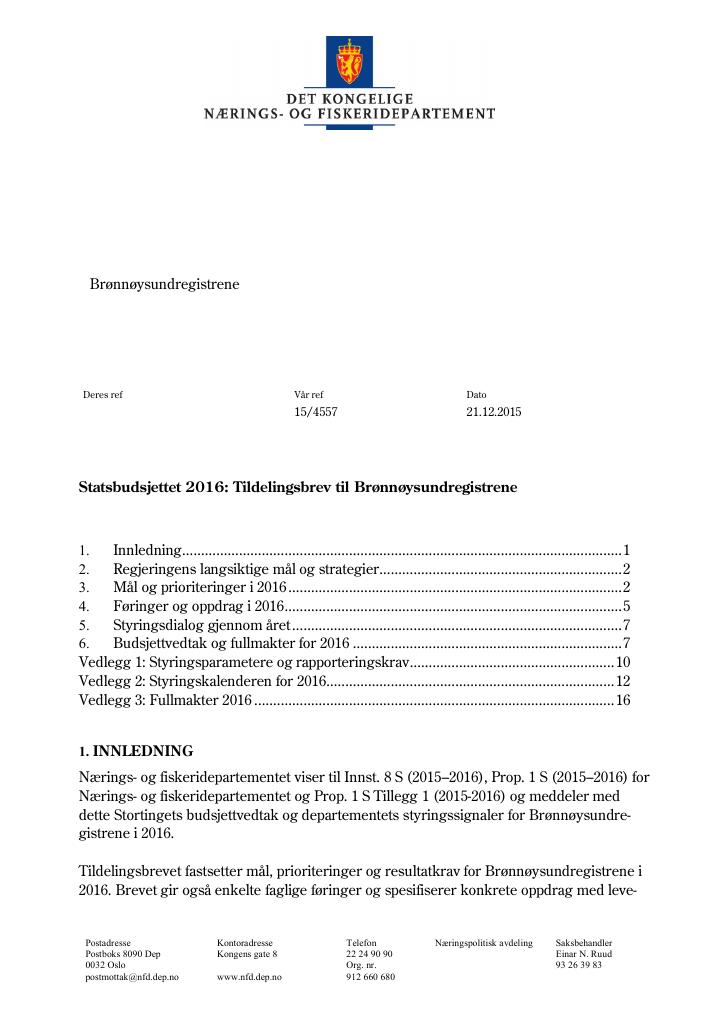 Forsiden av dokumentet Tildelingsbrev