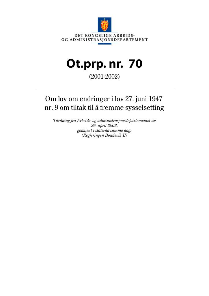Forsiden av dokumentet Ot.prp. nr. 70 (2001-2002)