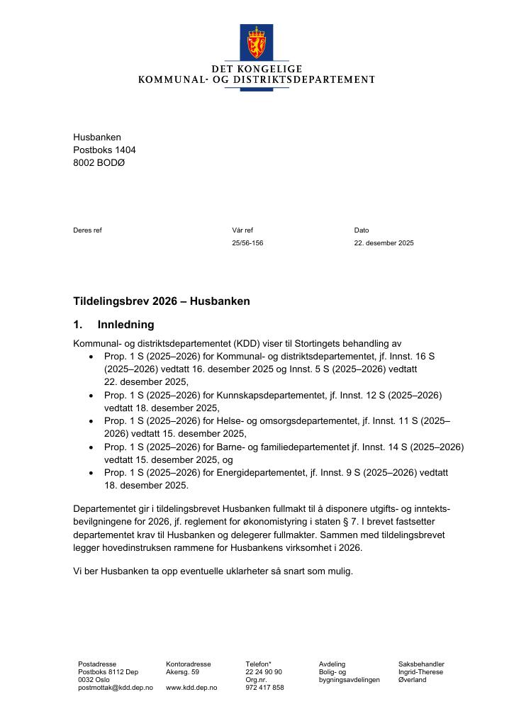 Forsiden av dokumentet Tildelingsbrev Husbanken 2026