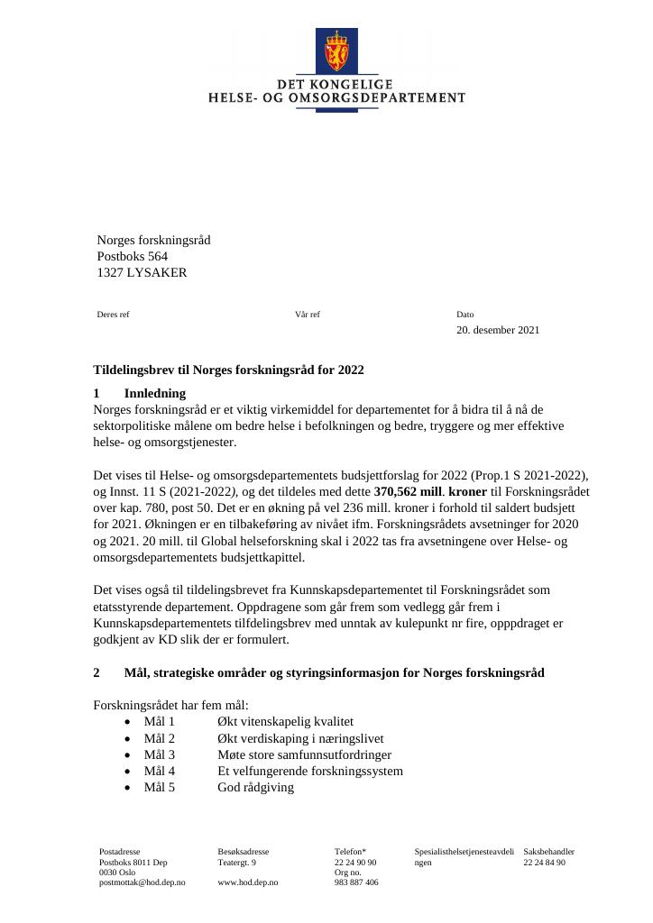 Forsiden av dokumentet Tildelingsbrev Norges forskningsråd 2022