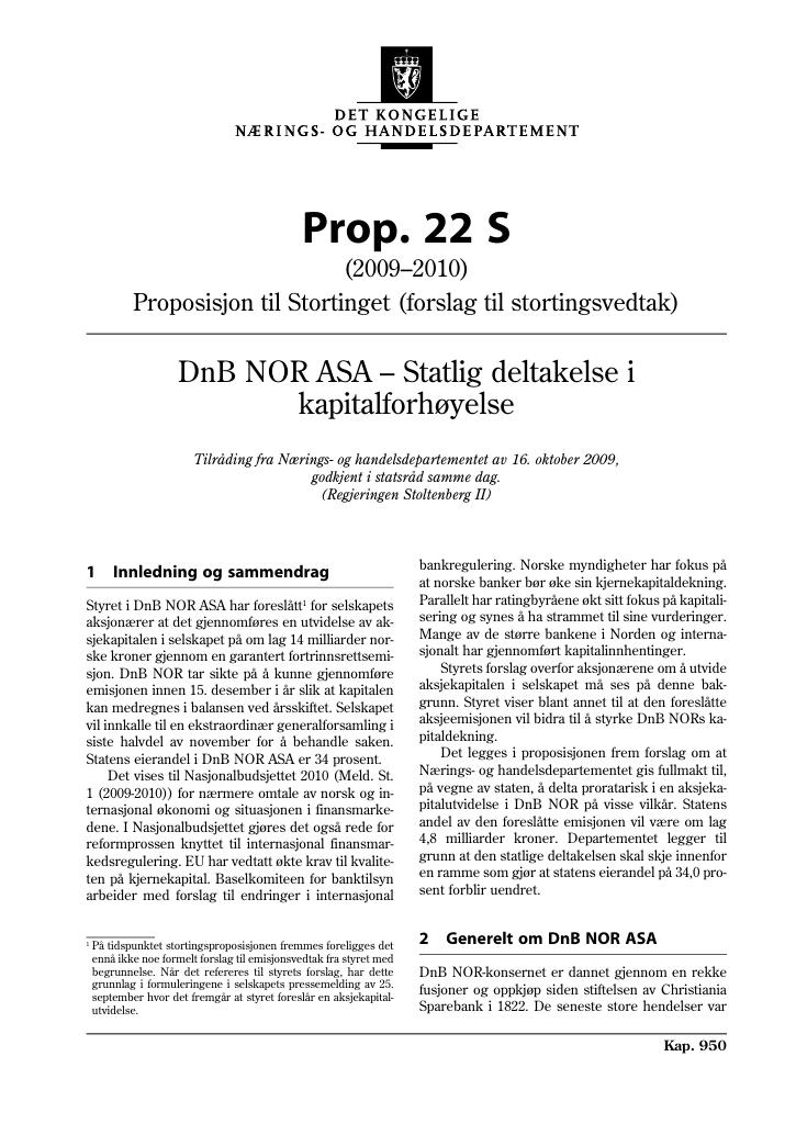 Forsiden av dokumentet Prop. 22 S (2009-2010)