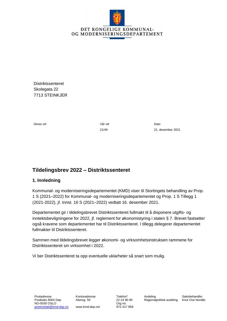 Forsiden av dokumentet Tildelingsbrev Distriktssenteret 2022