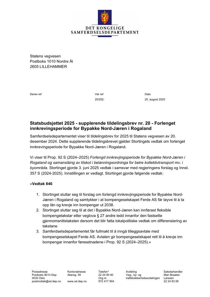 Forsiden av dokumentet Tildelingsbrev Statens vegvesen 2025 - tillegg nr. 20