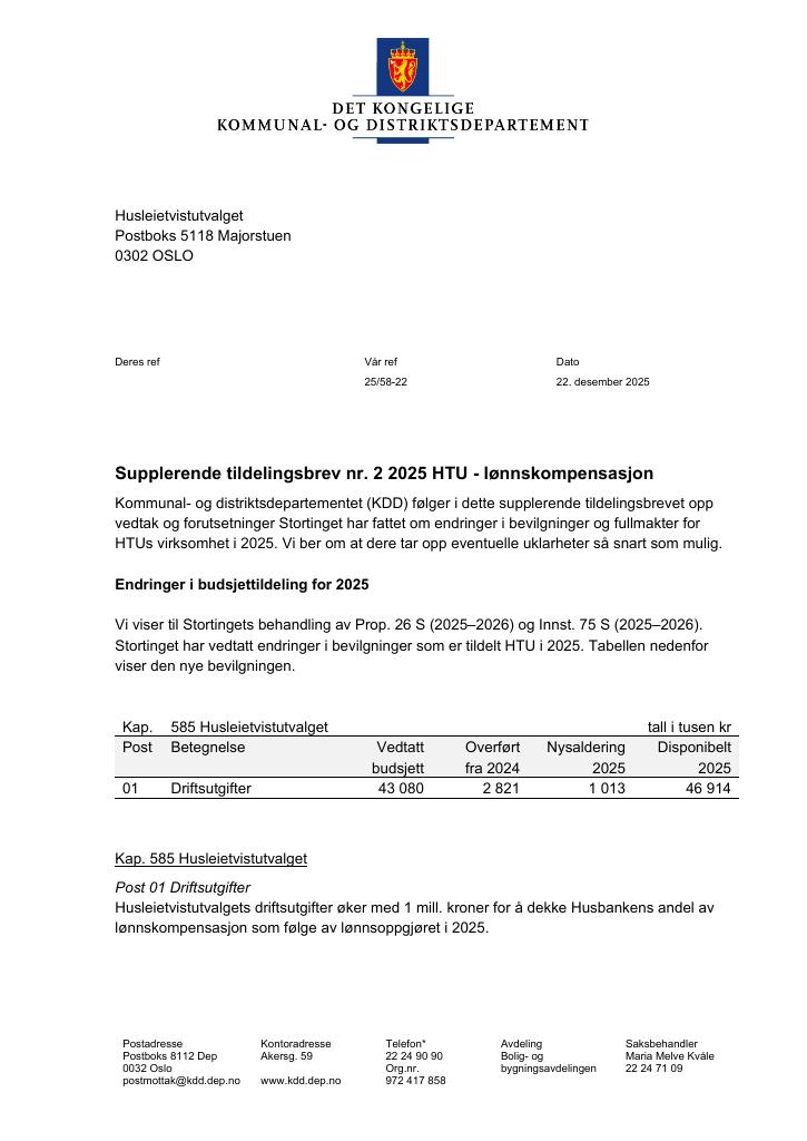 Forsiden av dokumentet Tildelingsbrev Husleietvistutvalget 2025 - tillegg nr. 2