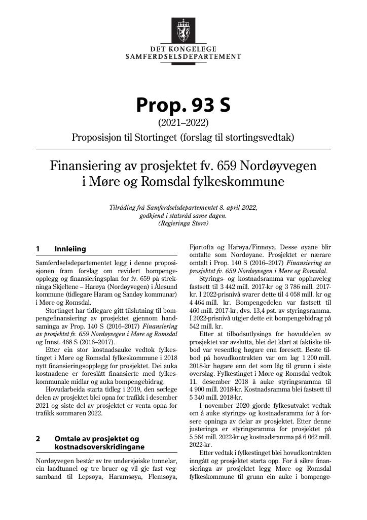Forsiden av dokumentet Prop. 93 S (2021–2022)
