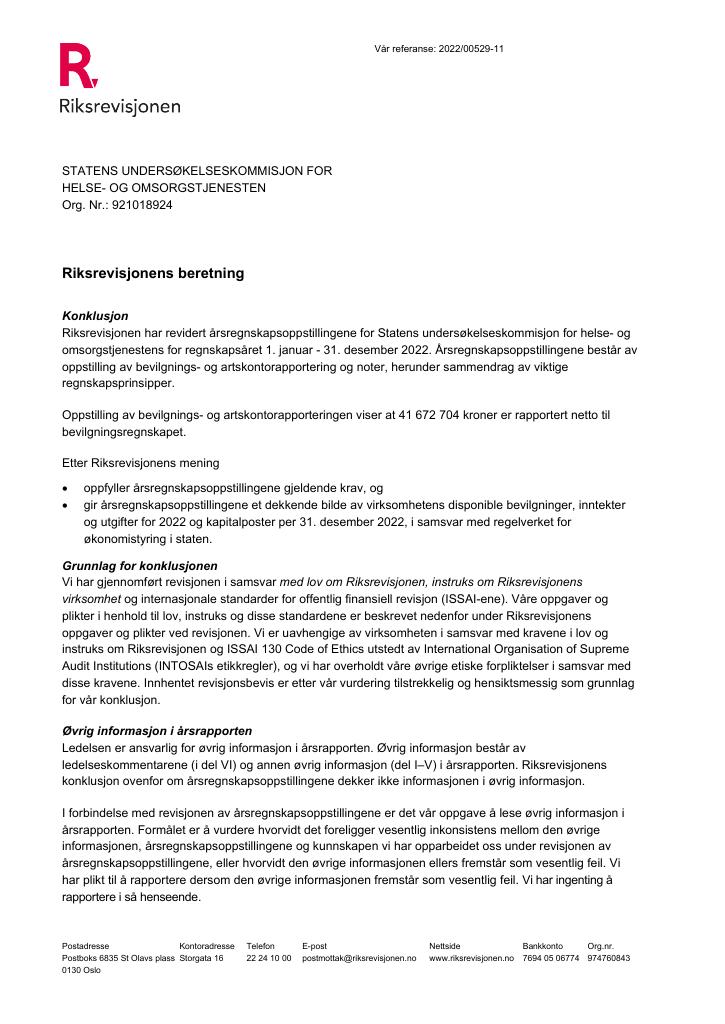 Forsiden av dokumentet Revisjonsberetning Statens undersøkelseskommisjon for helse- og omsorgstjenesten (UKOM) 2022