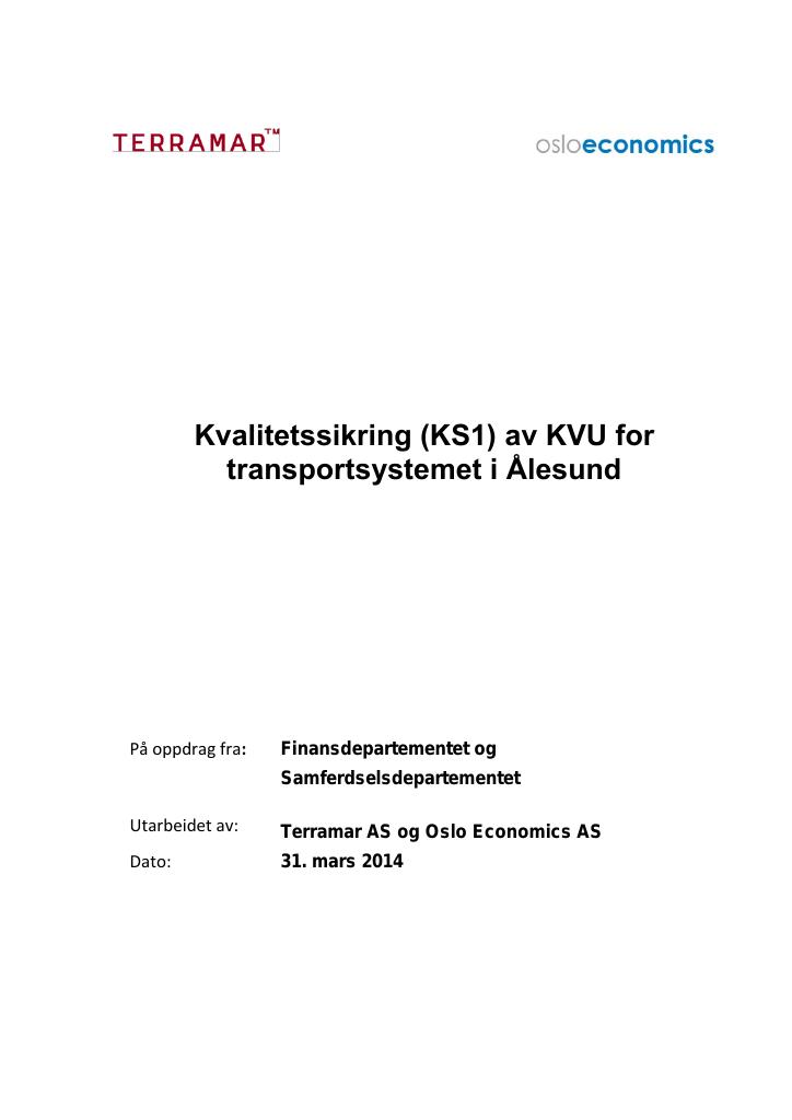 Forsiden av dokumentet Kvalitetssikring (KSI) av KVU for transportsystemet i Ålesund