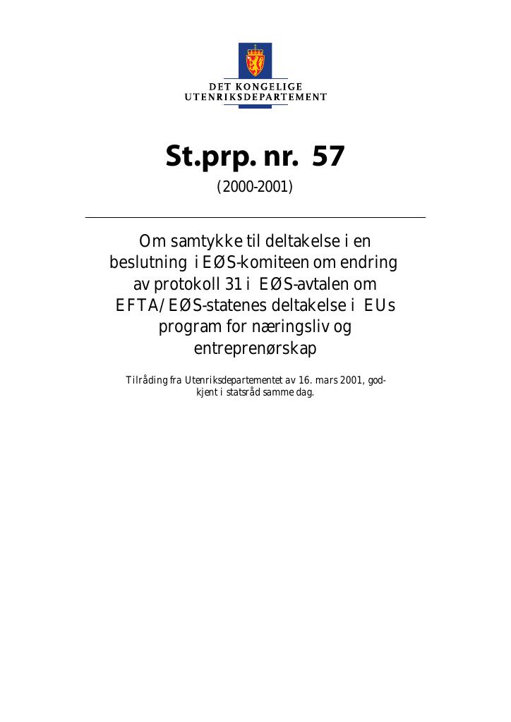 Forsiden av dokumentet St.prp. nr. 57 (2000-2001)