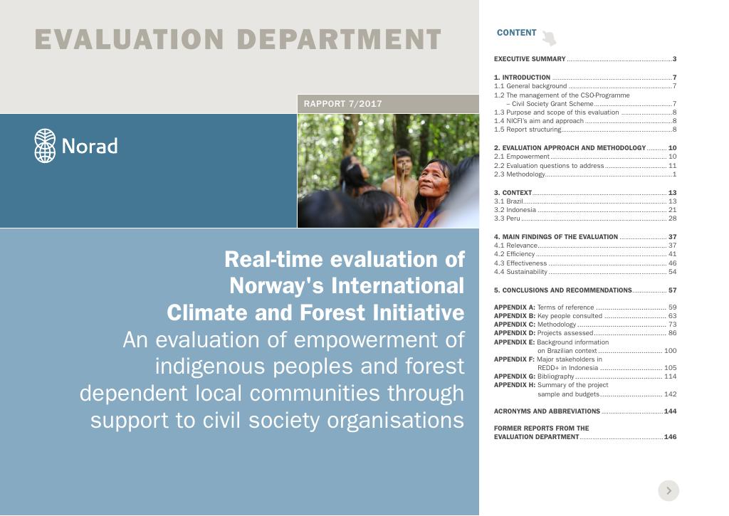 Forsiden av dokumentet Real-time evaluation of Norway's International Climate and Forest Initiative. Empowerment of indigenous peoples and forest dependent local communities through support to civil society organisations