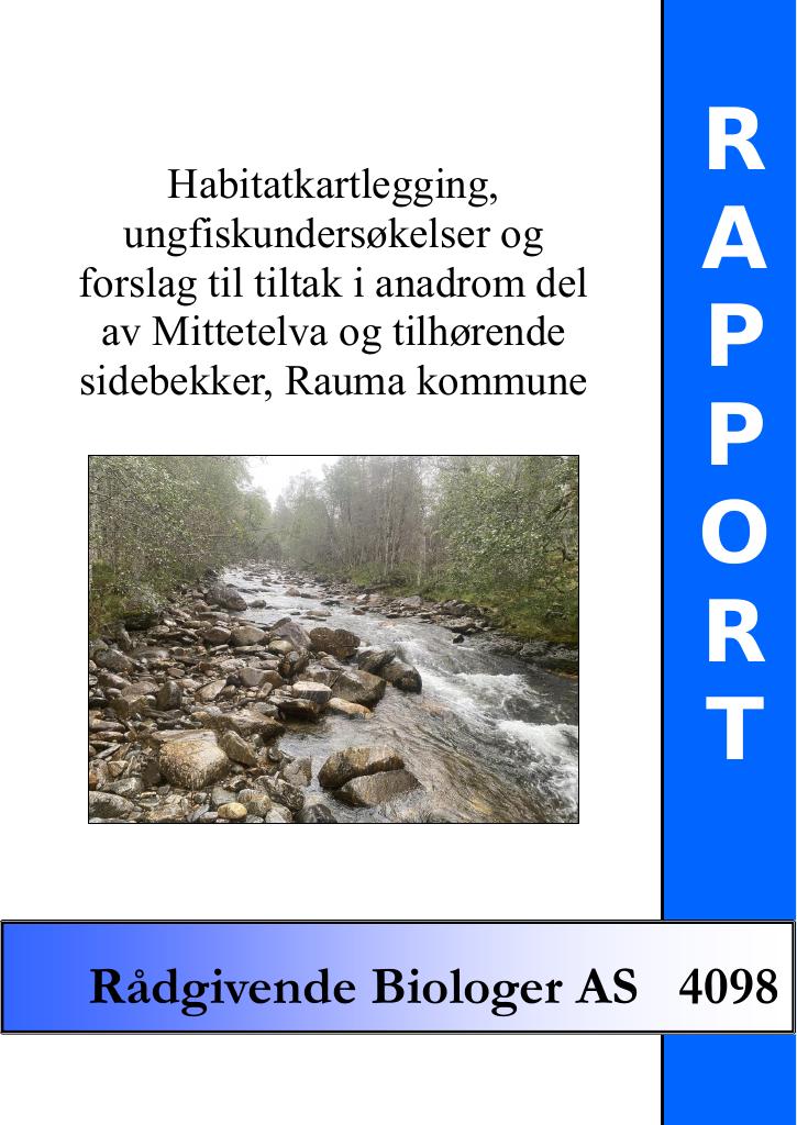 Forsiden av dokumentet Habitatkartlegging, ungfiskundersøkelser og forslag til tiltak i anadrom del av Mittetelva og tilhørende sidebekker, Rauma kommune