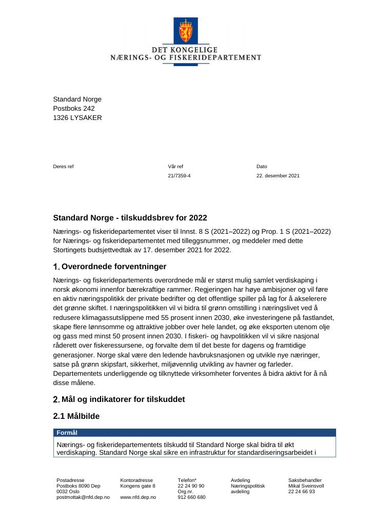 Forsiden av dokumentet Tilskuddsbrev