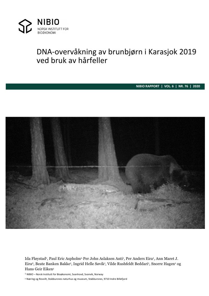 Forsiden av dokumentet DNA-overvåkning av brunbjørn i Karasjok 2019 ved bruk av hårfeller