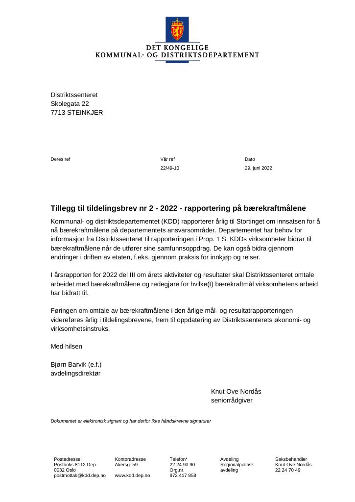 Forsiden av dokumentet Tildelingsbrev Distriktssenteret 2022 - tillegg nr. 2