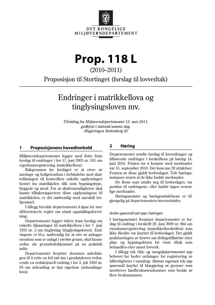 Forsiden av dokumentet Prop. 118 L (2010–2011)