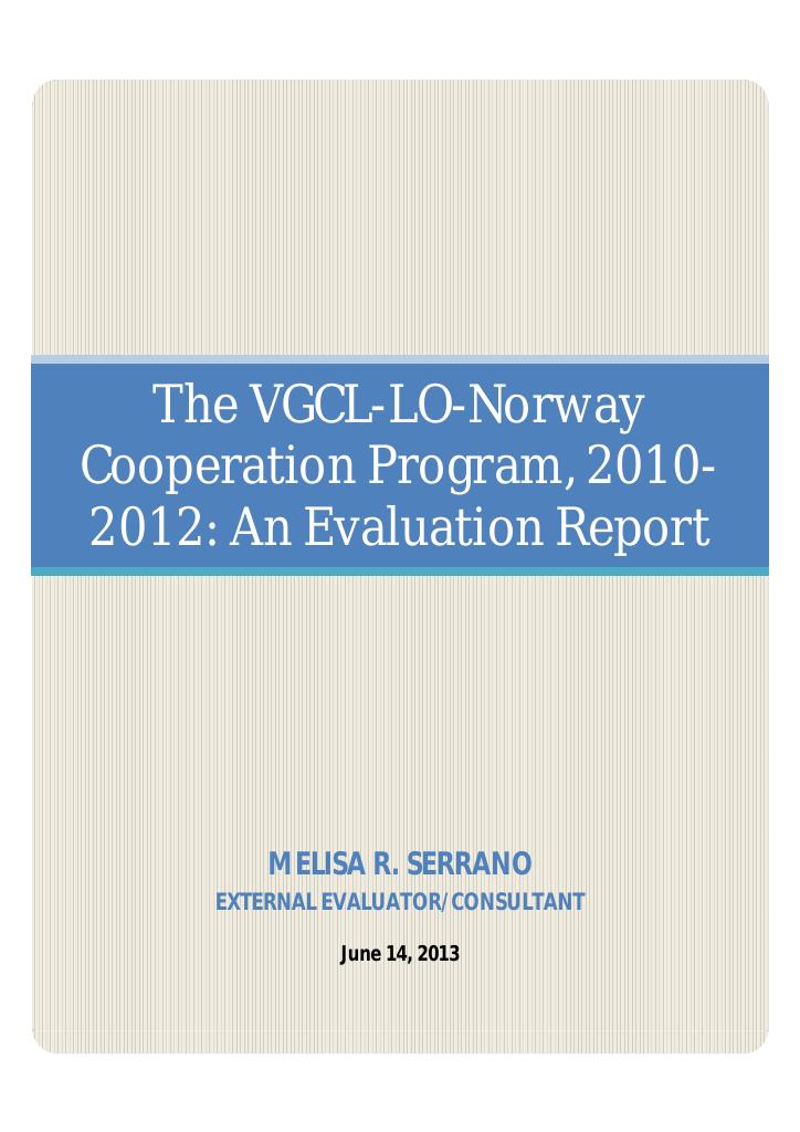 Forsiden av dokumentet The VGCL-LO-Norway Cooperation Program, 2010-2012: An Evaluation Report
