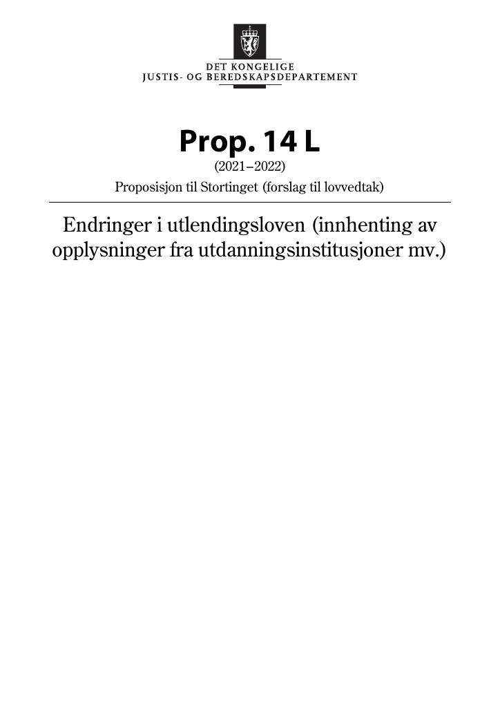 Forsiden av dokumentet Prop. 14 L (2021–2022)