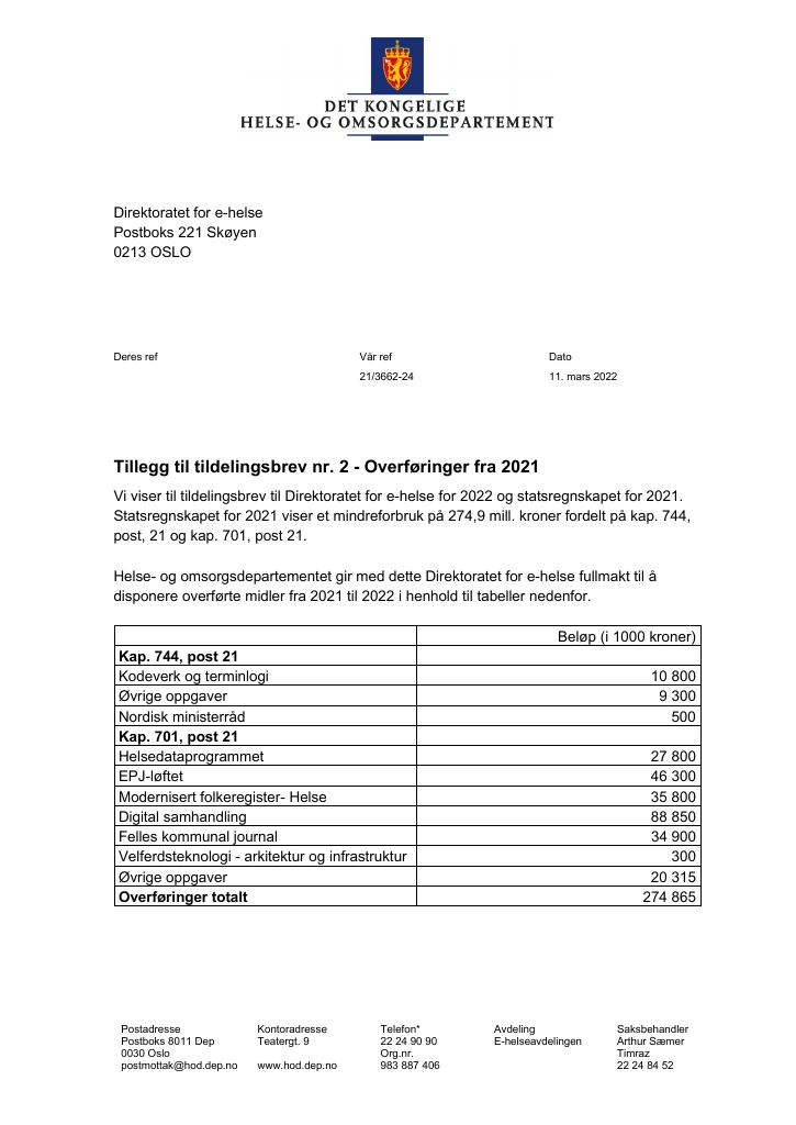 Forsiden av dokumentet Tildelingsbrev Direktoratet for e-helse 2022 - tillegg nr. 2