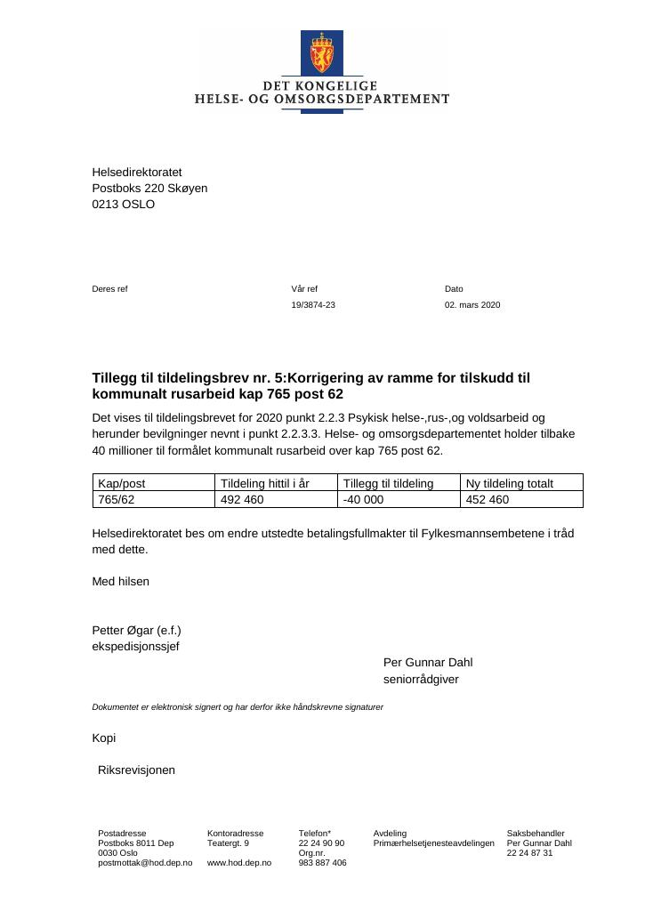 Forsiden av dokumentet Tildelingsbrev Helsedirektoratet 2020 - tillegg nr. 5