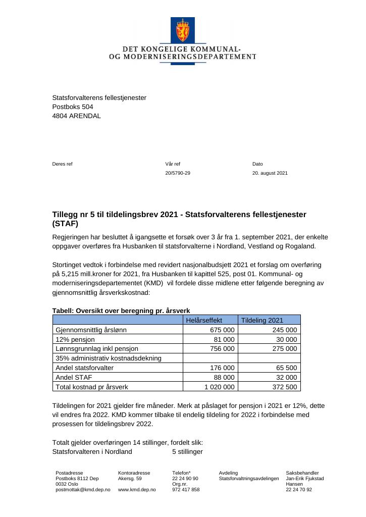 Forsiden av dokumentet Tildelingsbrev Statsforvalterens fellestjenester 2021 - tillegg nr. 5
