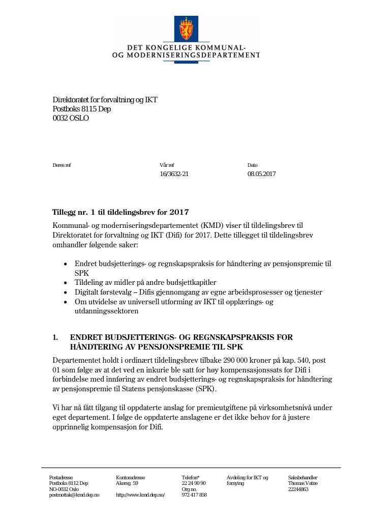 Forsiden av dokumentet tilleggsbrev nr. 1 (pdf)