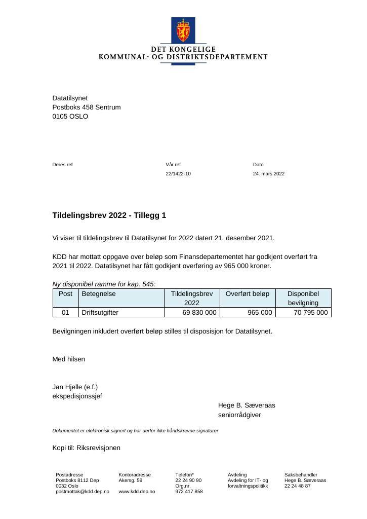 Forsiden av dokumentet Tildelingsbrev Datatilsynet 2022 - tillegg nr. 1