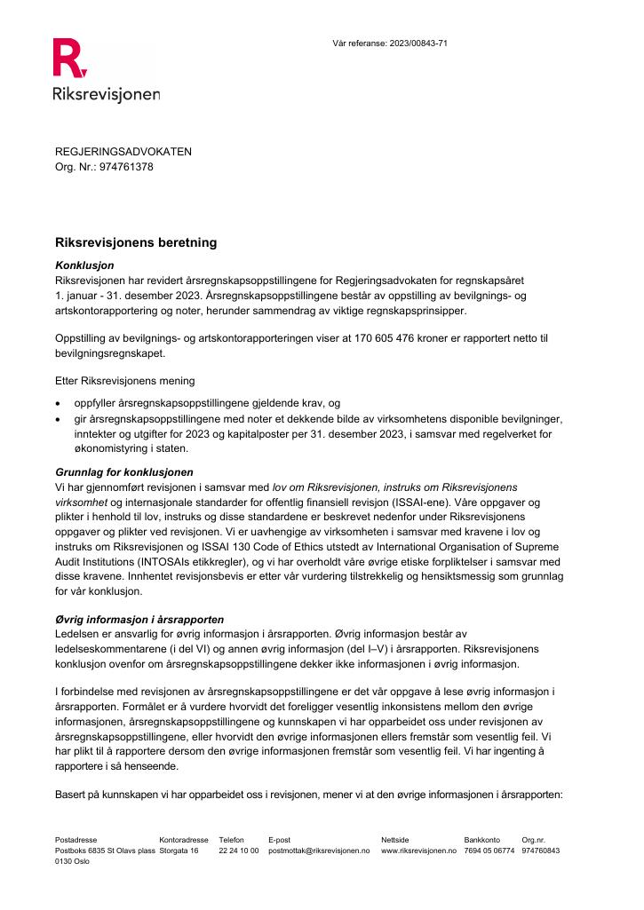 Forsiden av dokumentet Revisjonsberetning Regjeringsadvokaten 2023
