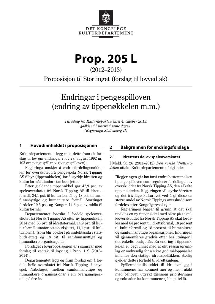 Forsiden av dokumentet Prop. 205 L (2012–2013)