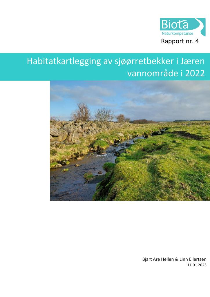 Forsiden av dokumentet Habitatkartlegging av sjøørretbekker i Jæren vannområde i 2022