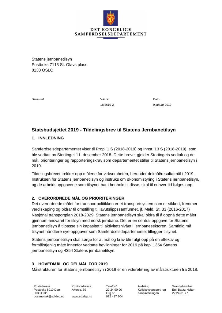 Forsiden av dokumentet Tildelingsbrev Statens jernbanetilsyn 2019