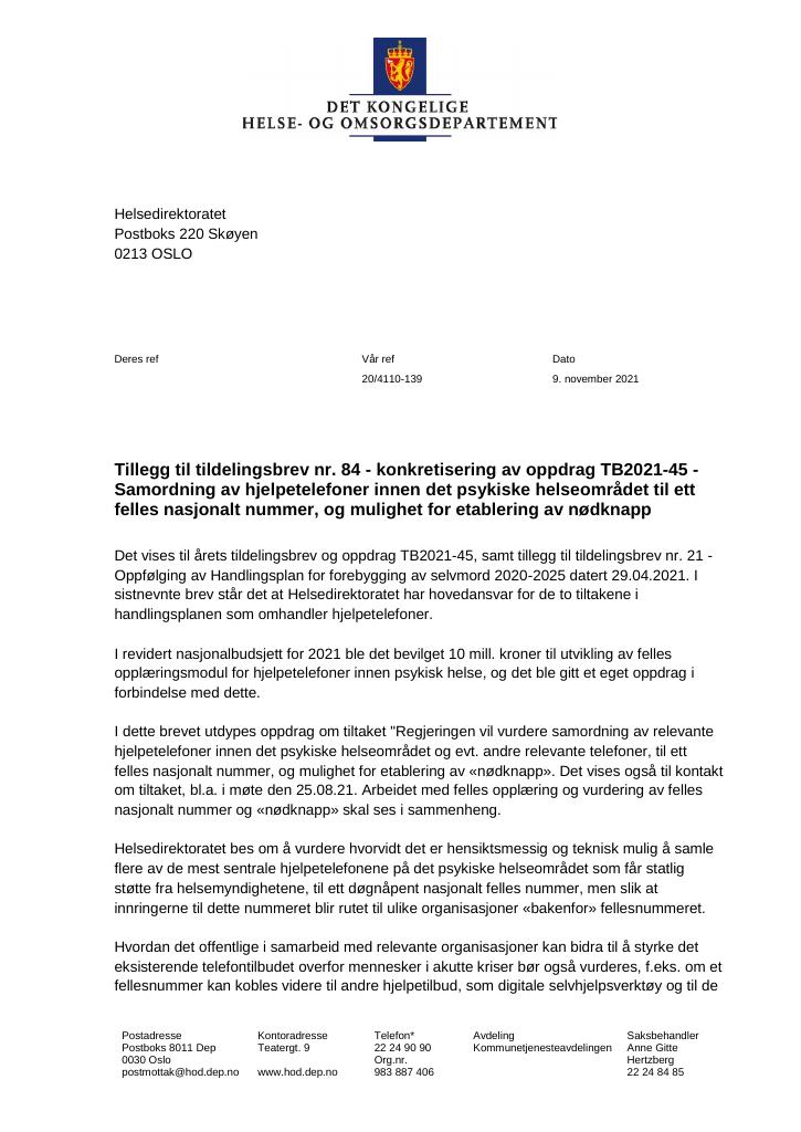 Forsiden av dokumentet Tildelingsbrev Helsedirektoratet 2021 - tillegg nr. 84