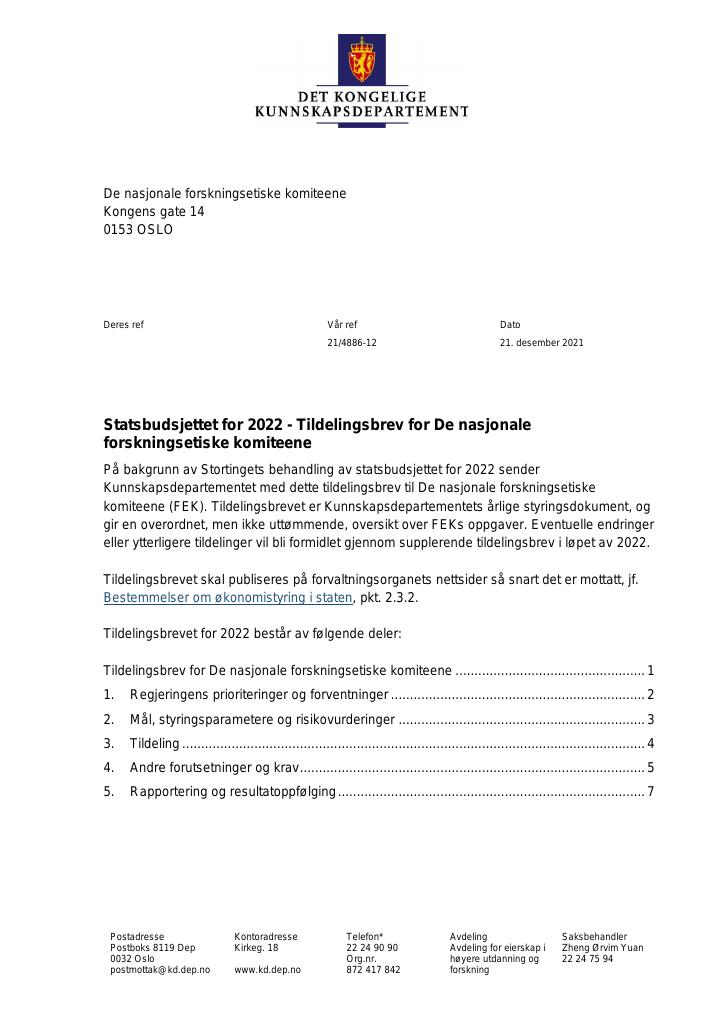 Forsiden av dokumentet Tildelingsbrev De nasjonale forskningsetiske komiteene 2022