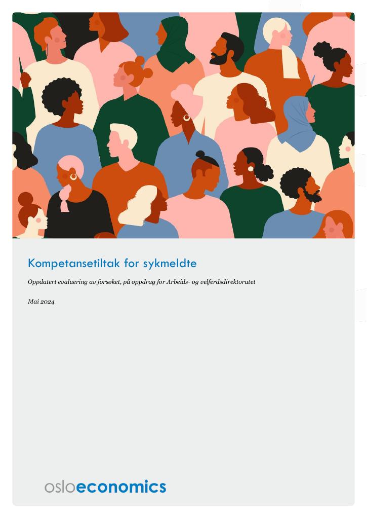 Forsiden av dokumentet Kompetansetiltak for sykmeldte
Oppdatert evaluering av forsøket, på oppdrag for Arbeids- og velferdsdirektoratet