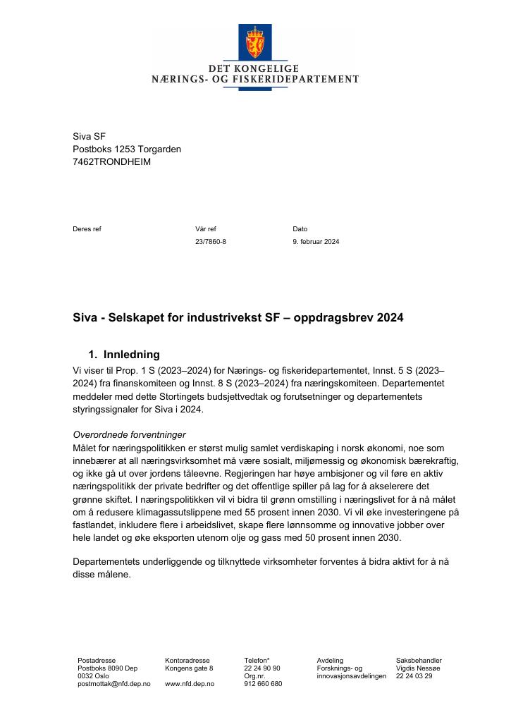 Forsiden av dokumentet Oppdragsbrev Siva - Selskapet for industrivekst SF 2024