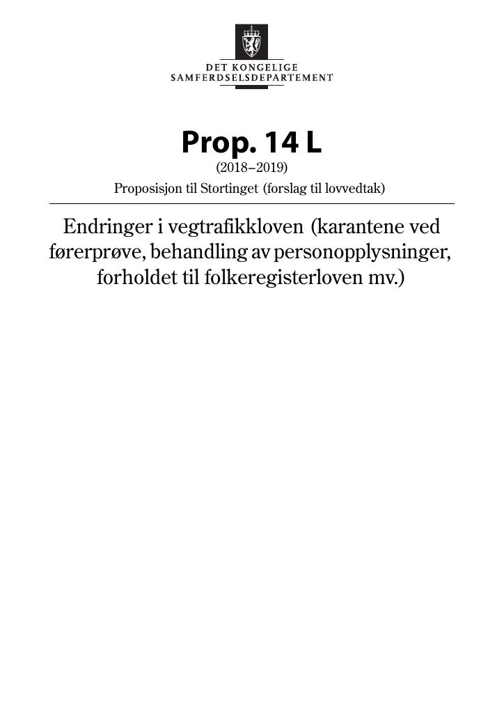 Forsiden av dokumentet Prop. 14 L (2018–2019)