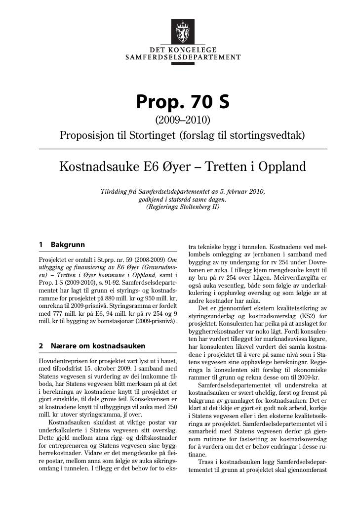 Forsiden av dokumentet Prop. 70 S (2009-2010)