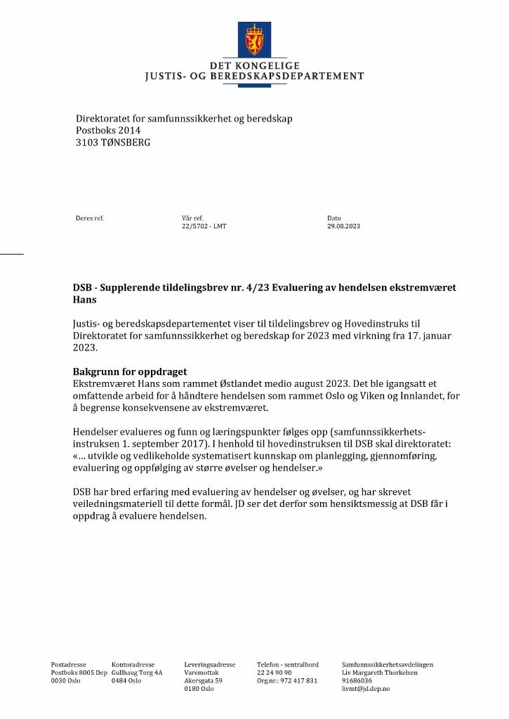 Forsiden av dokumentet Tildelingsbrev Direktoratet for samfunnssikkerhet og beredskap 2023 - tillegg nr. 4