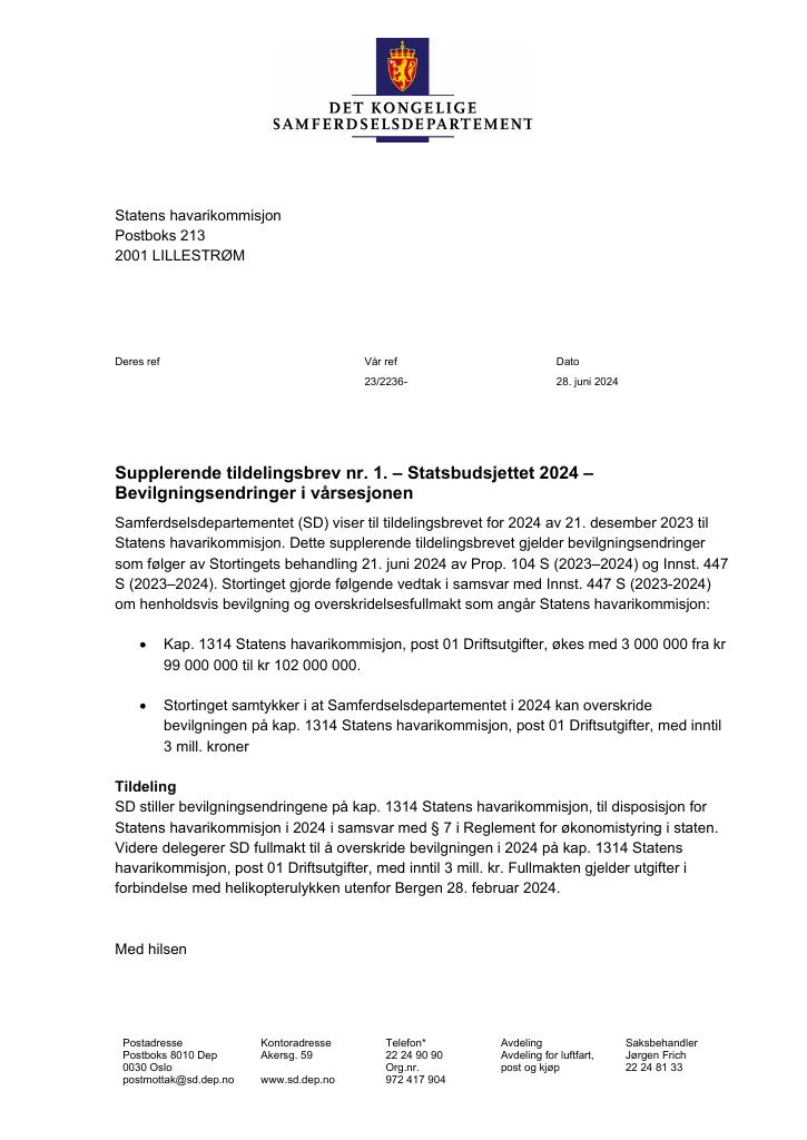 Forsiden av dokumentet Tildelingsbrev Statens havarikommisjon 2024 - tillegg nr. 1