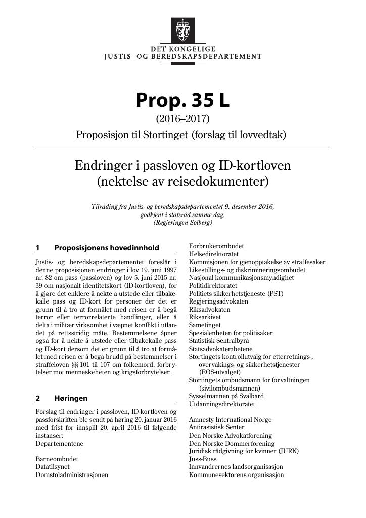 Forsiden av dokumentet Prop. 35 L (2016–2017)